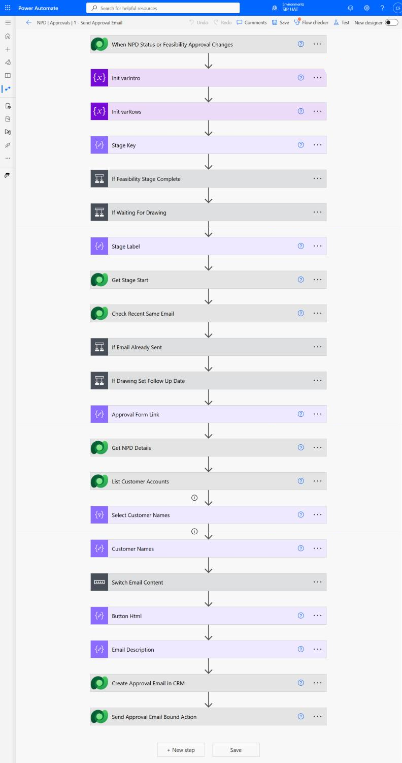 Flow 1, Send Approval Email, in the Power Automate designer