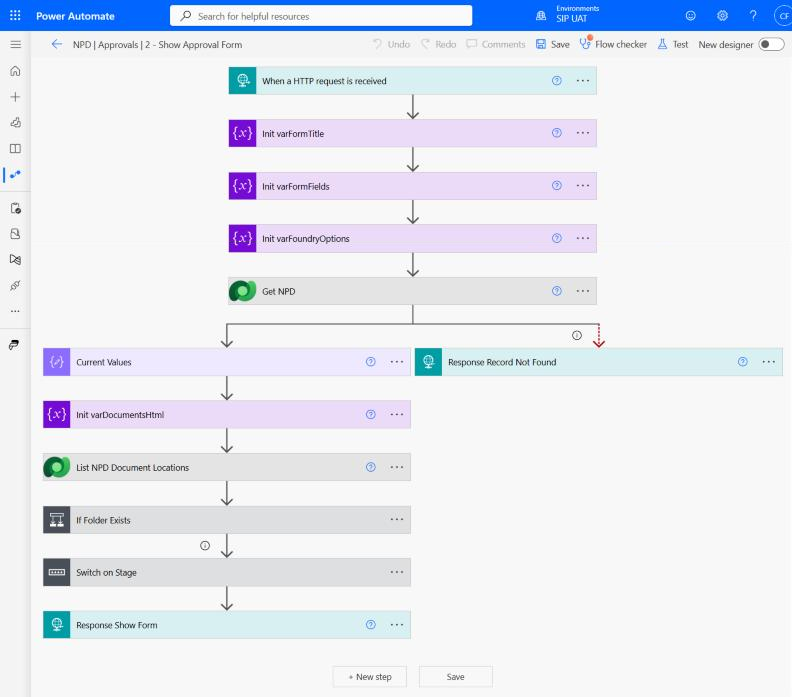 Flow 2, Show Approval Form, in the Power Automate designer