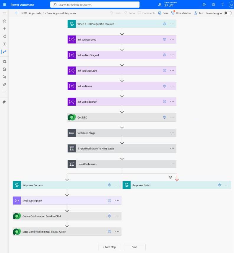 Flow 3, Save Approval Response, in the Power Automate designer