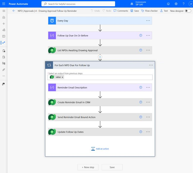 Flow 4, Drawing Approval Follow-Up Reminder, in the Power Automate designer