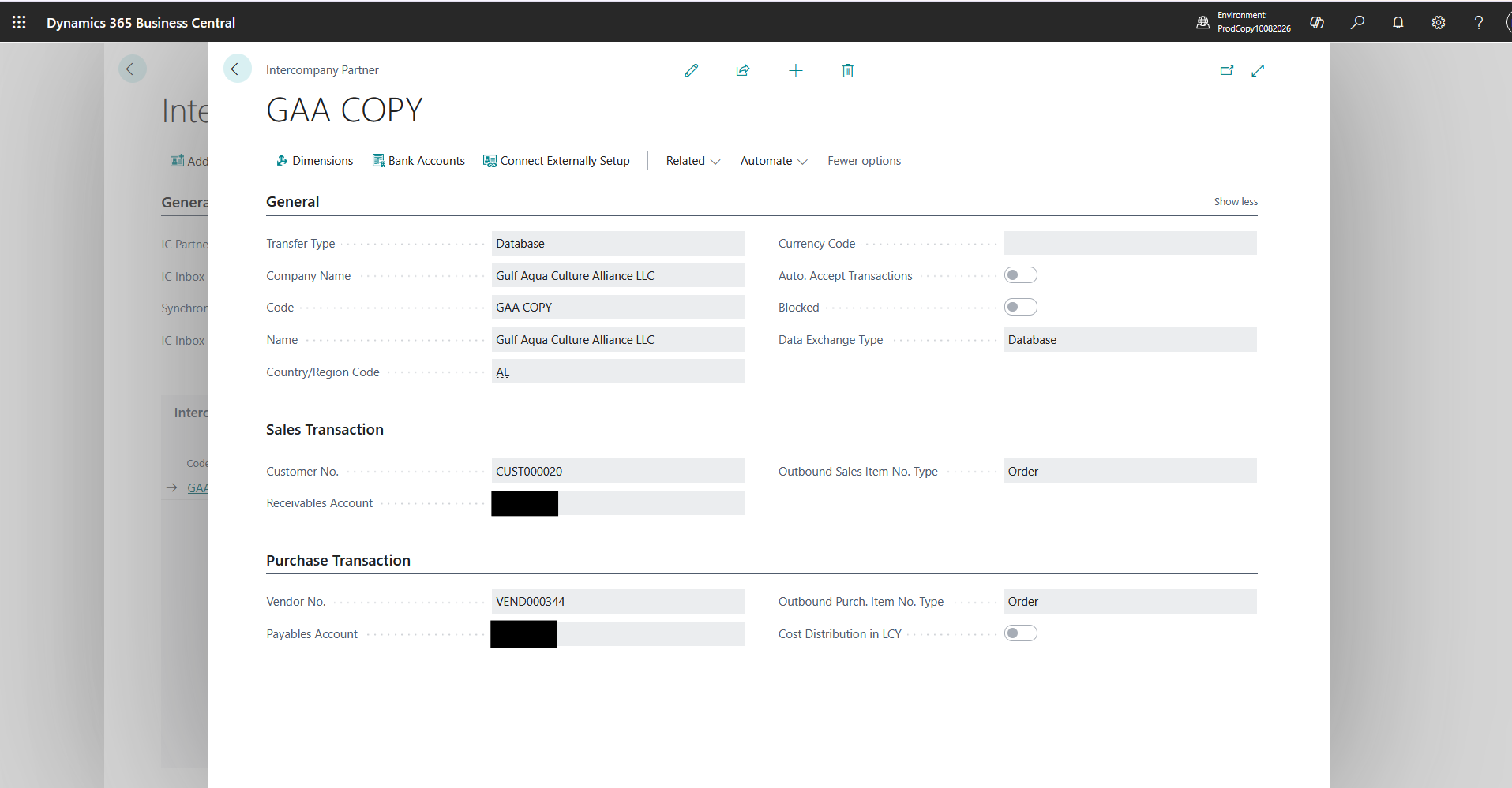 Intercompany Partner Card showing the GAA partner configuration