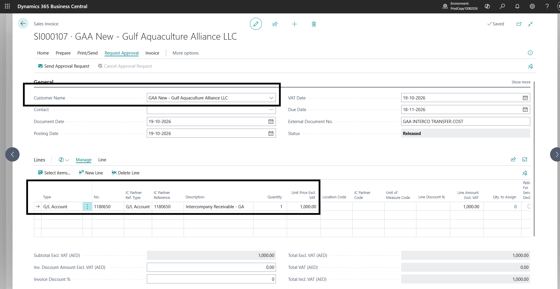GA intercompany sales invoice showing the linked customer and G/L line