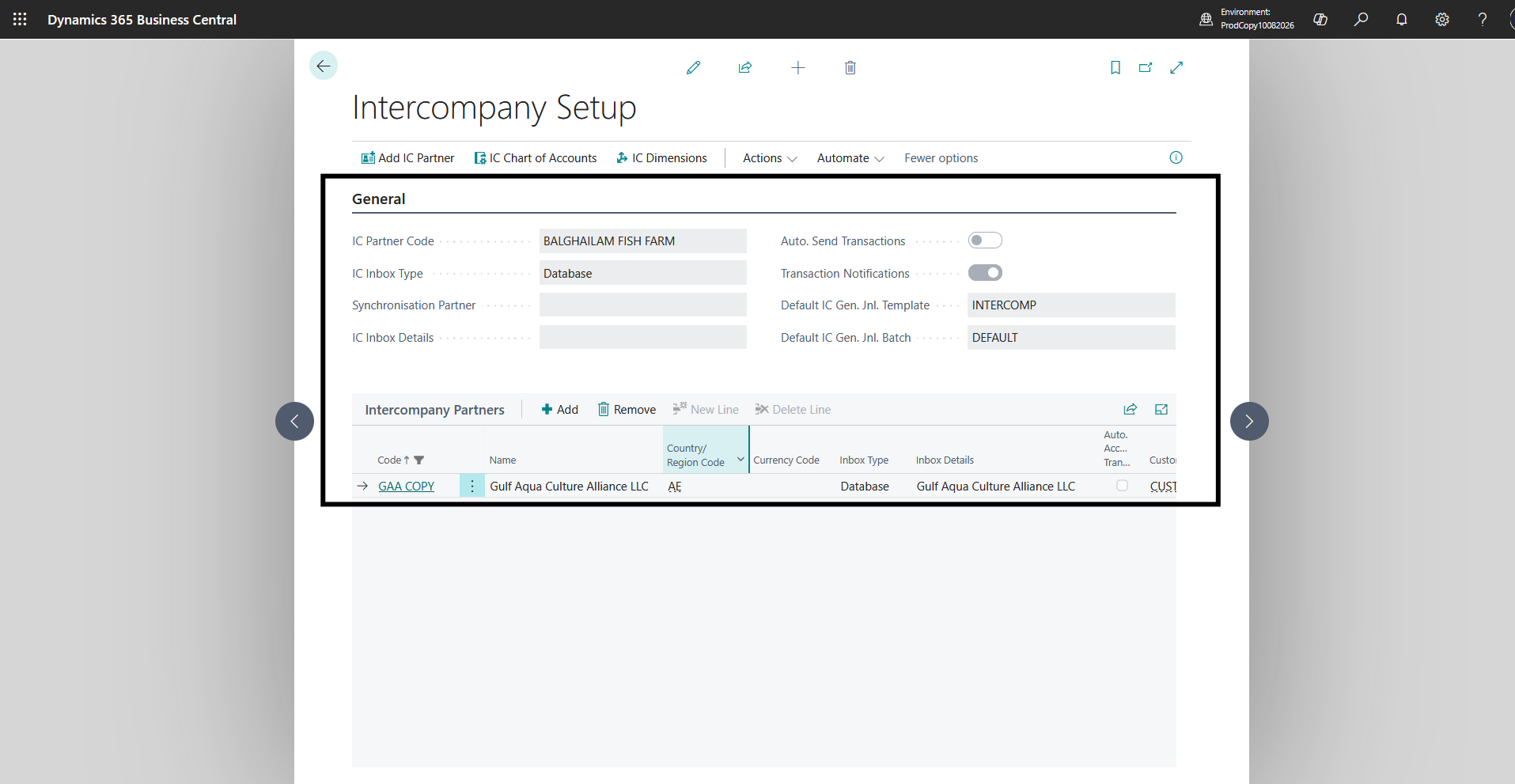 Intercompany Setup page showing company settings and connected IC partners