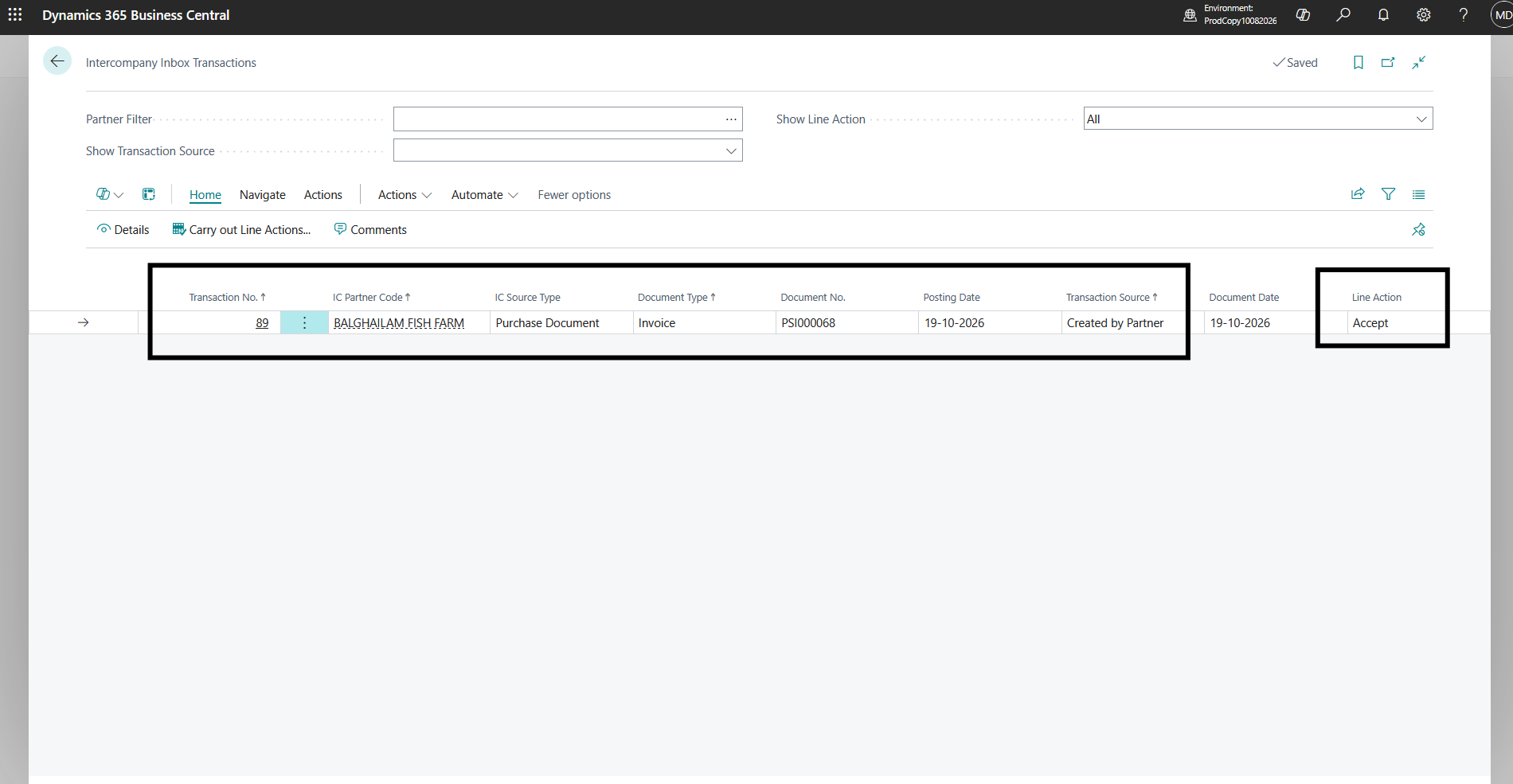 GAA Intercompany Inbox with an incoming transaction available for acceptance