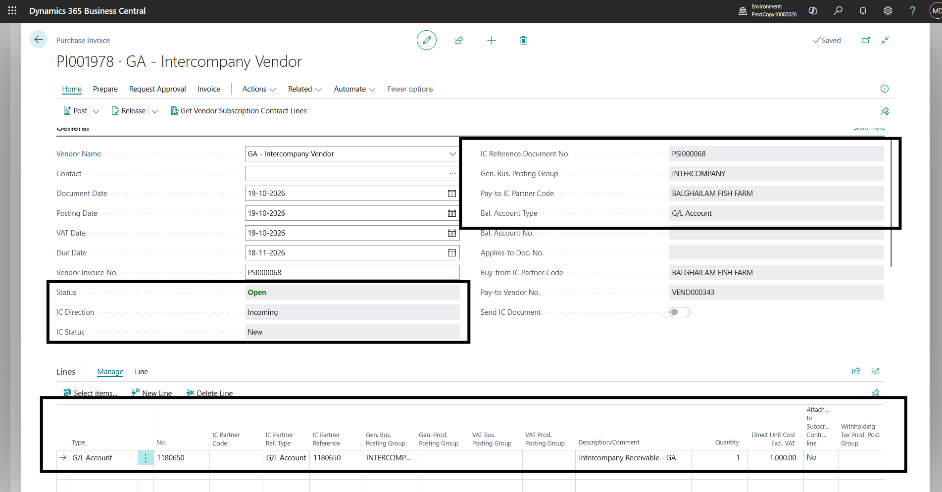 GAA purchase invoice created from the accepted intercompany transaction