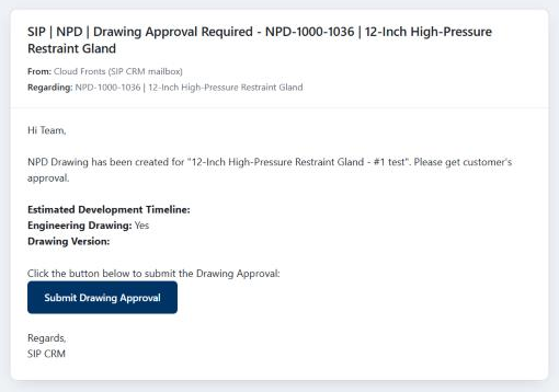 Drawing Approval request email with the Submit Drawing Approval button