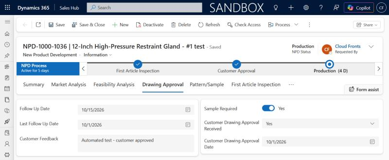Drawing Approval tab on the NPD record showing follow-up dates and the values saved from the approval form