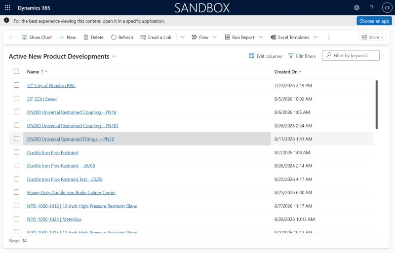 List of New Product Development records in Dynamics 365