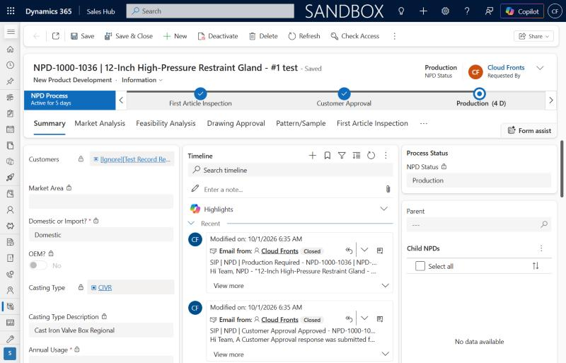 NPD record in Dynamics 365 with the Business Process Flow at Production and the tracked approval emails on the timeline
