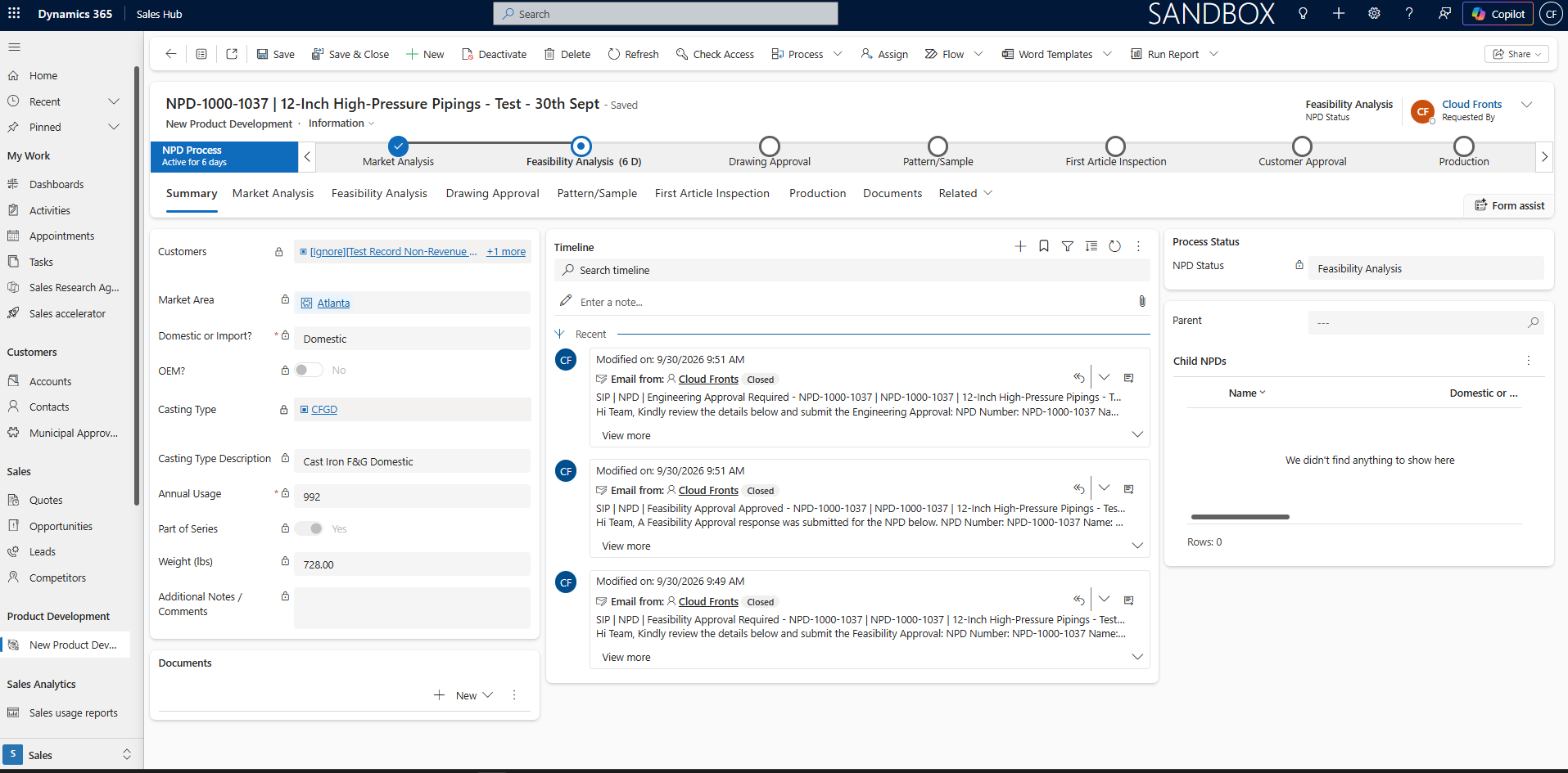 New Product Development form in Dynamics 365 showing the six-stage Business Process Flow