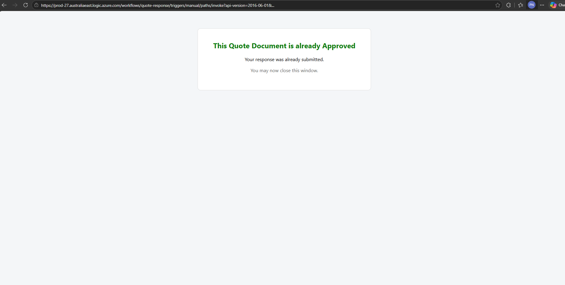 Page saying the quote is already approved