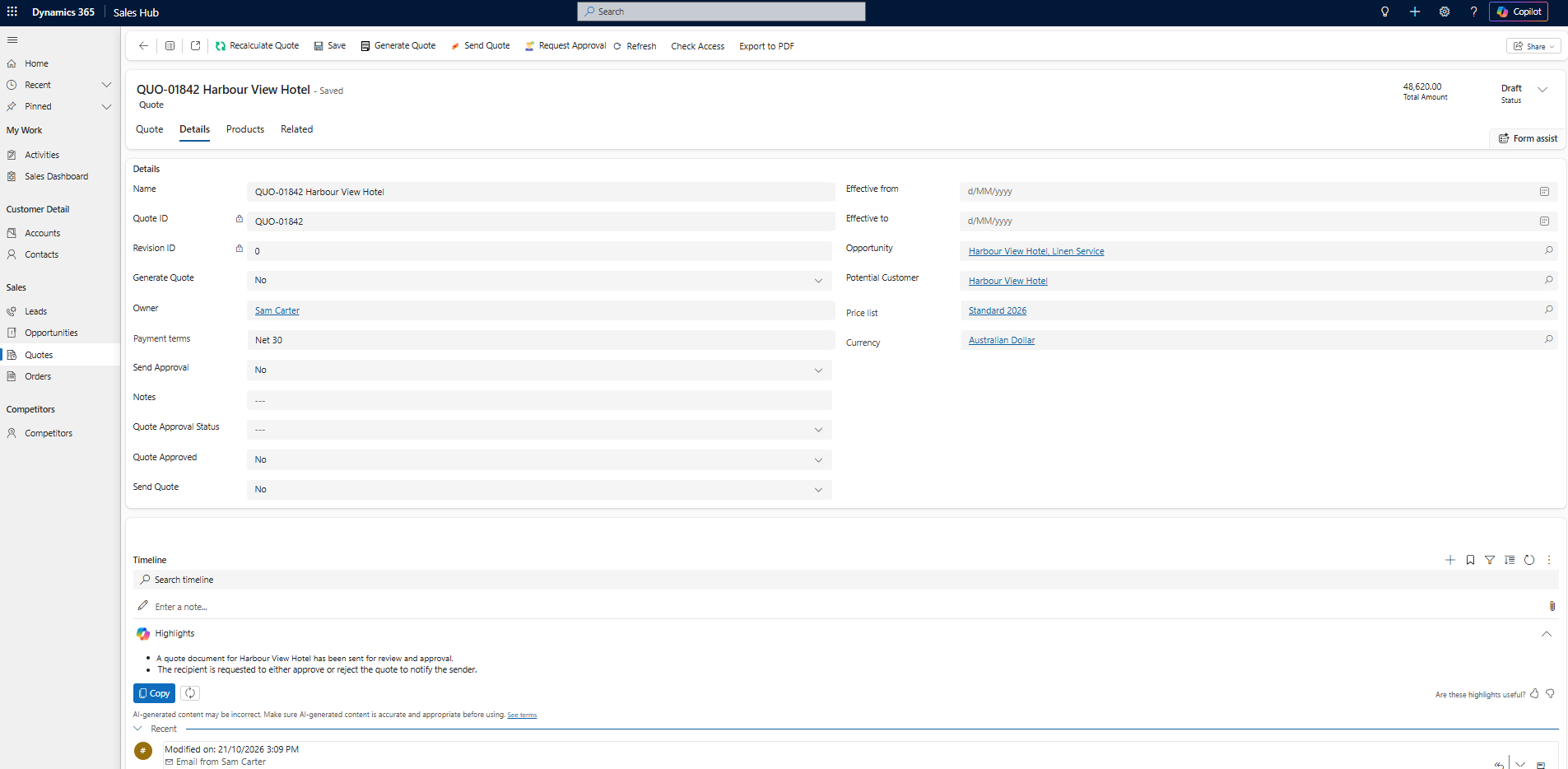 Dynamics 365 quote form for the test quote