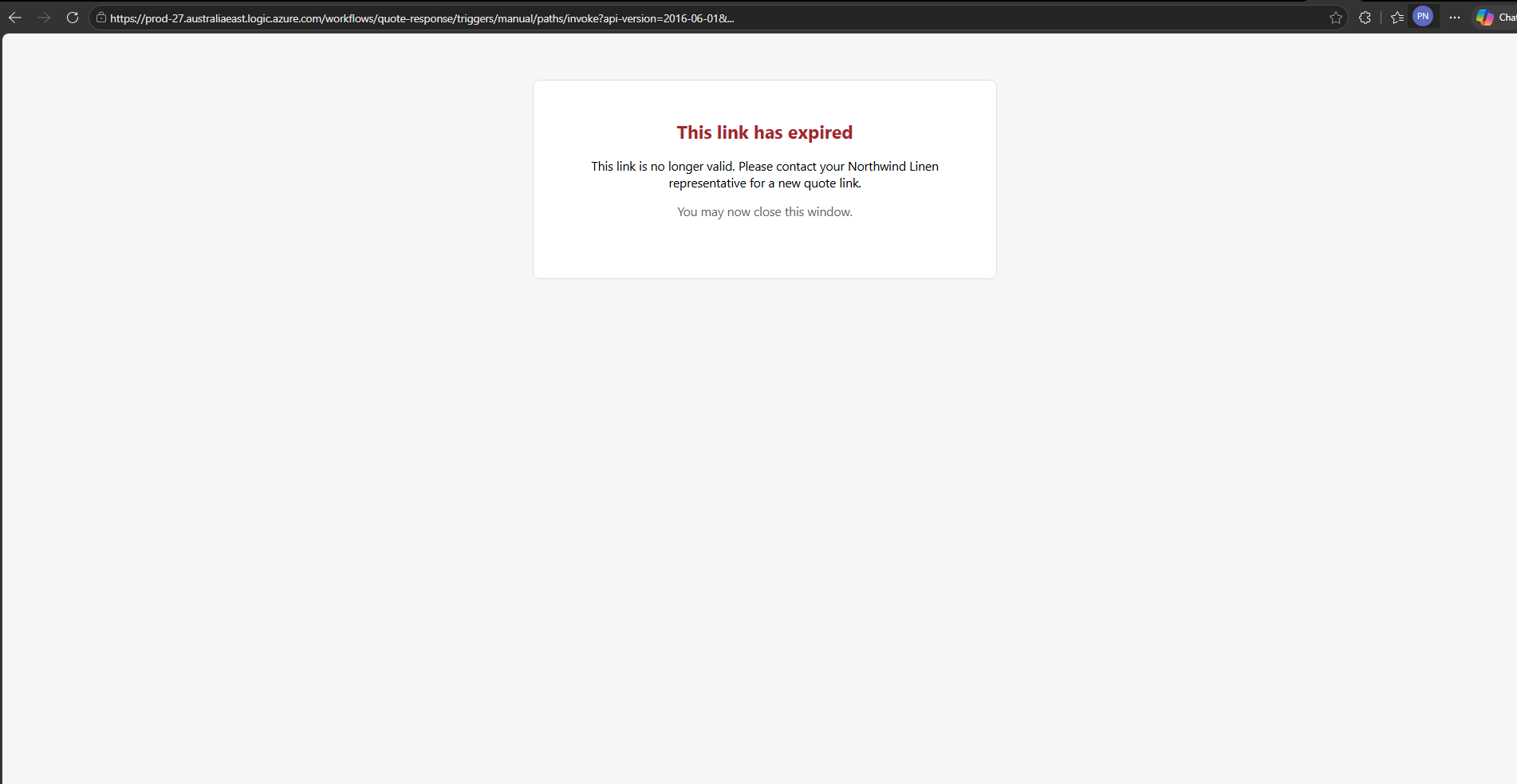 Page saying the link has expired