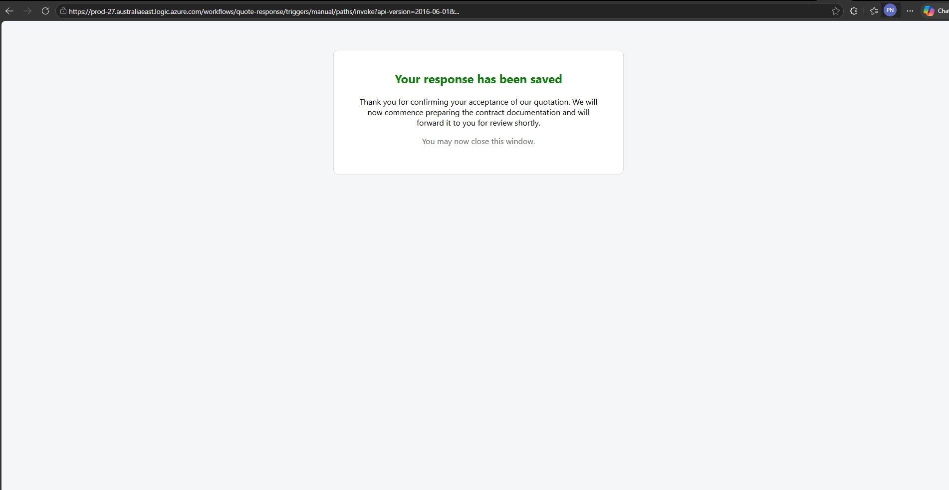 Confirmation page saying the response has been saved