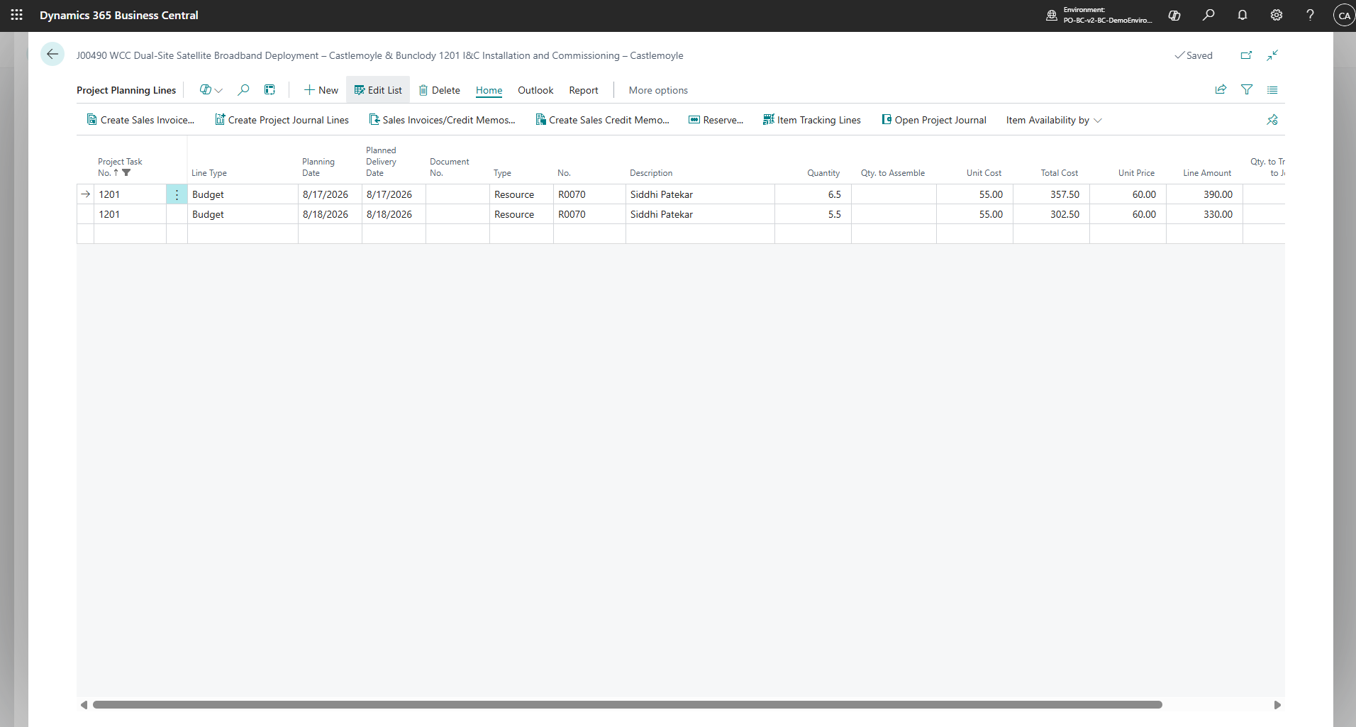 Resource assignment in BC Project Planning Lines