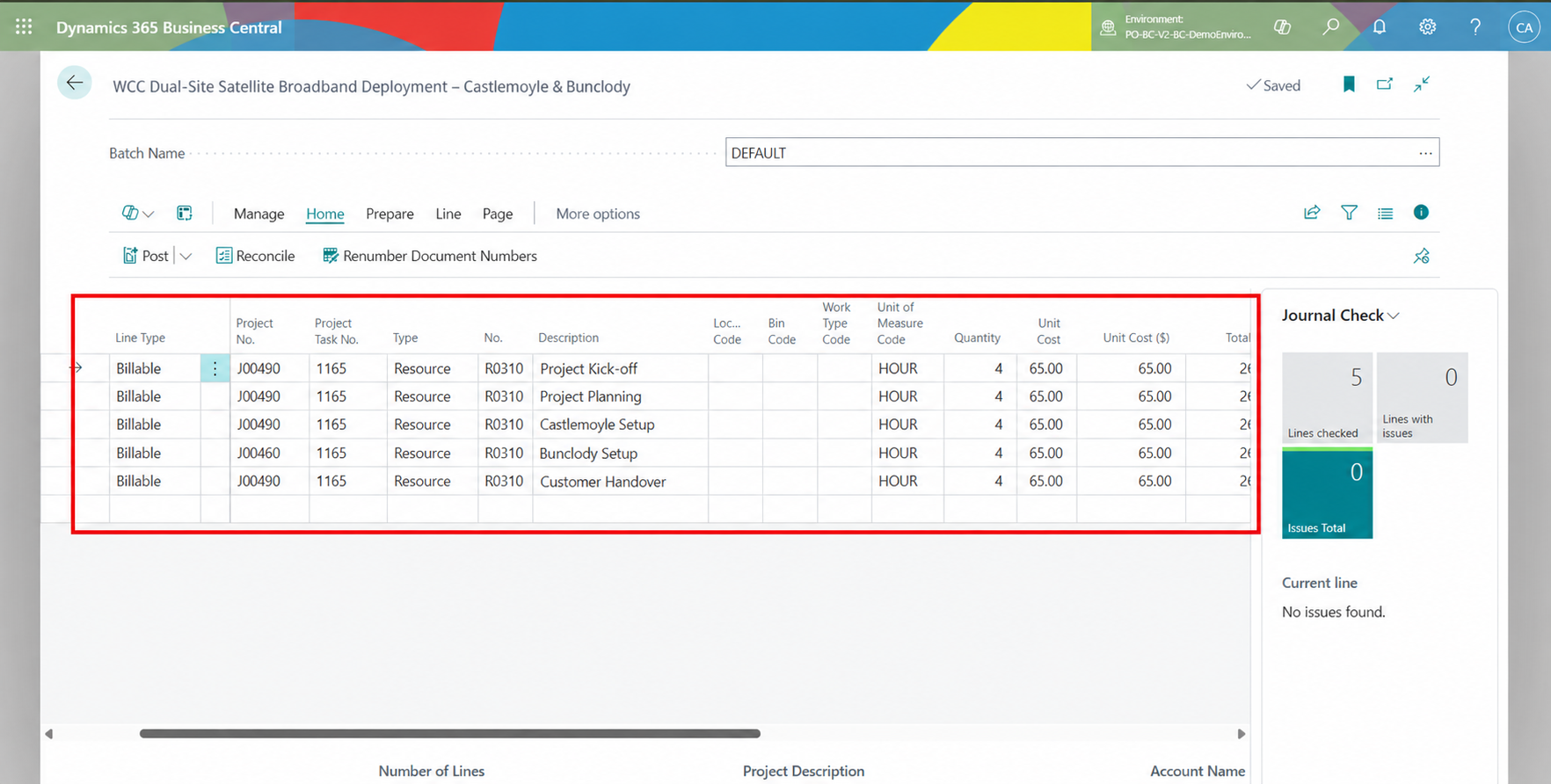 Approved time entries from Project Operations synced to the Business Central project journal