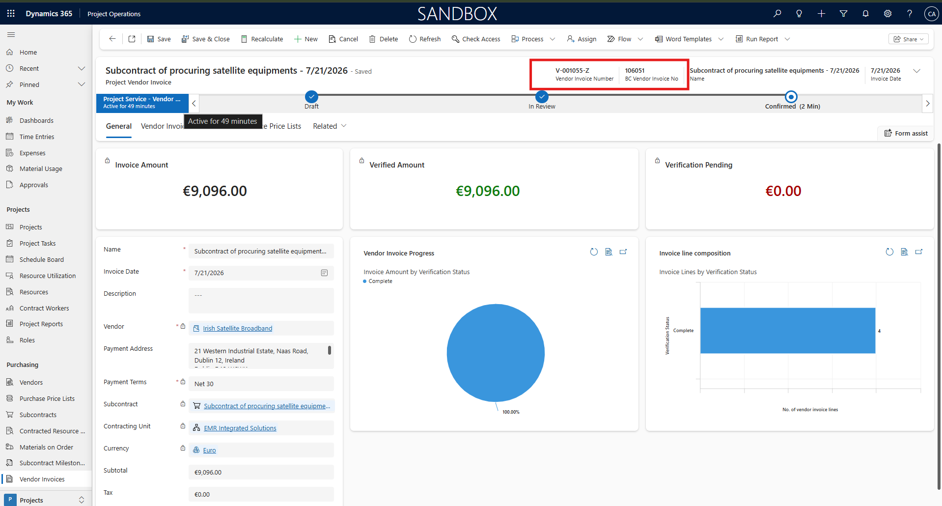 Vendor invoice synced to Business Central with the Business Central number updated in Project Operations