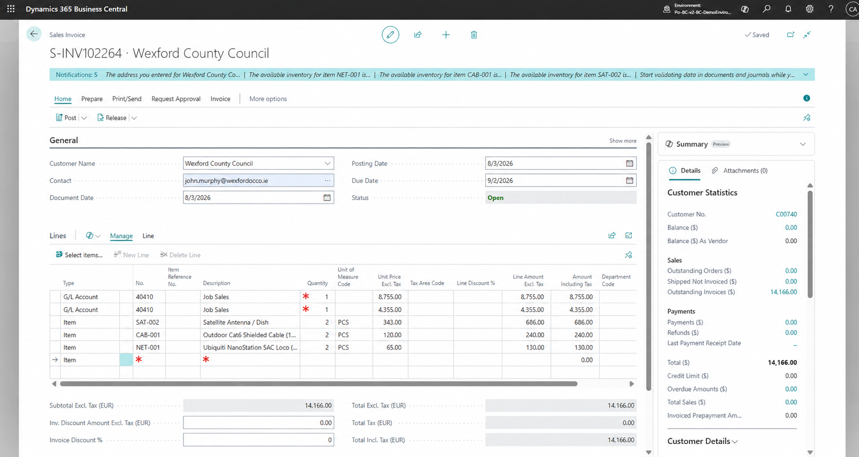 Customer invoice from Project Operations synced to Business Central with its lines