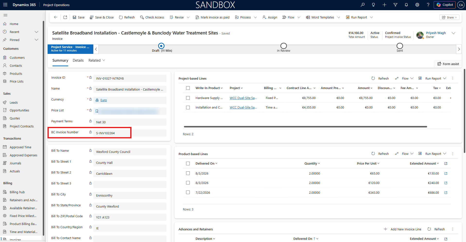 Business Central invoice number written back on the invoice in Project Operations