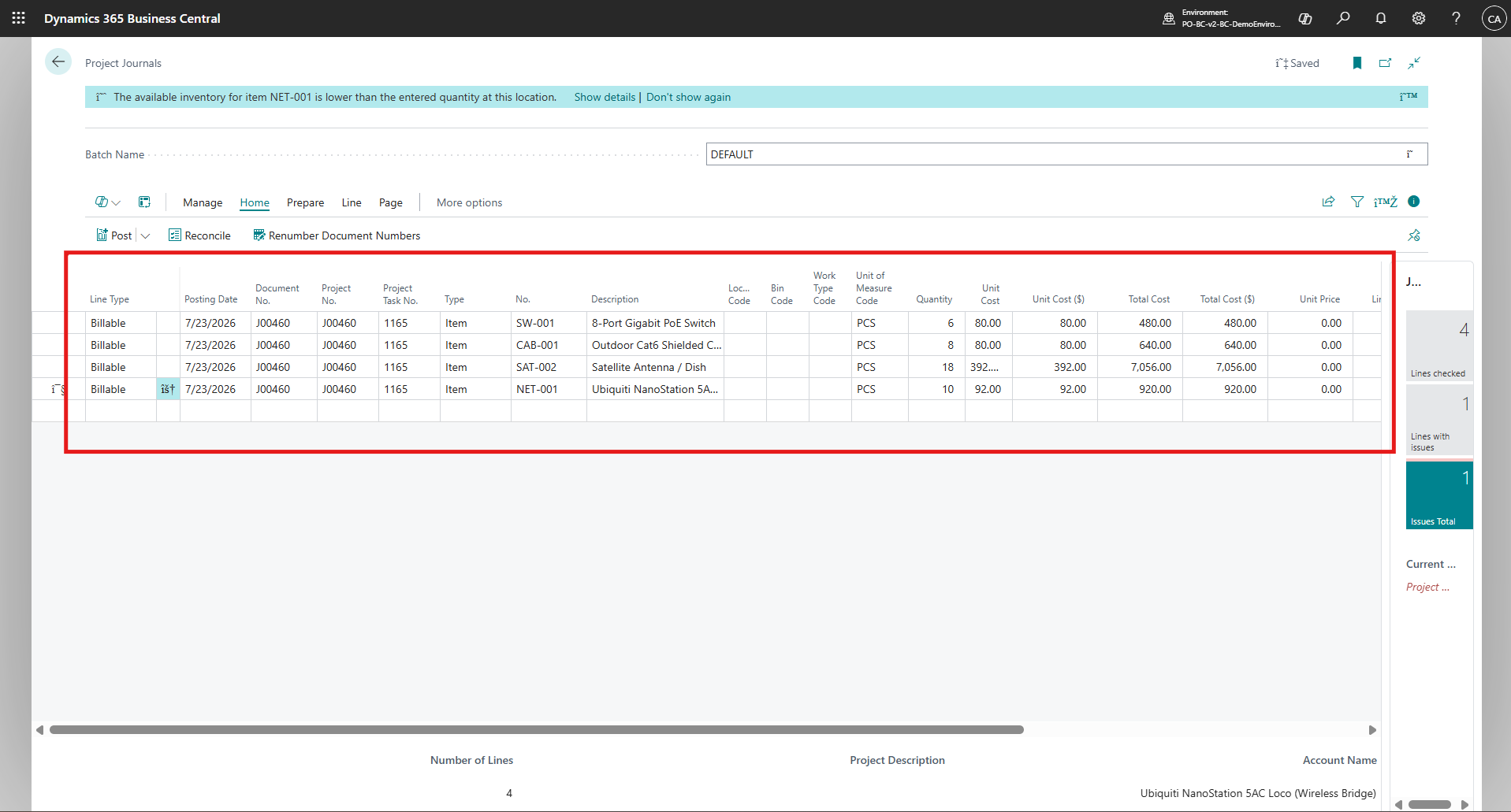 Material usage synced to the BC Project Journal