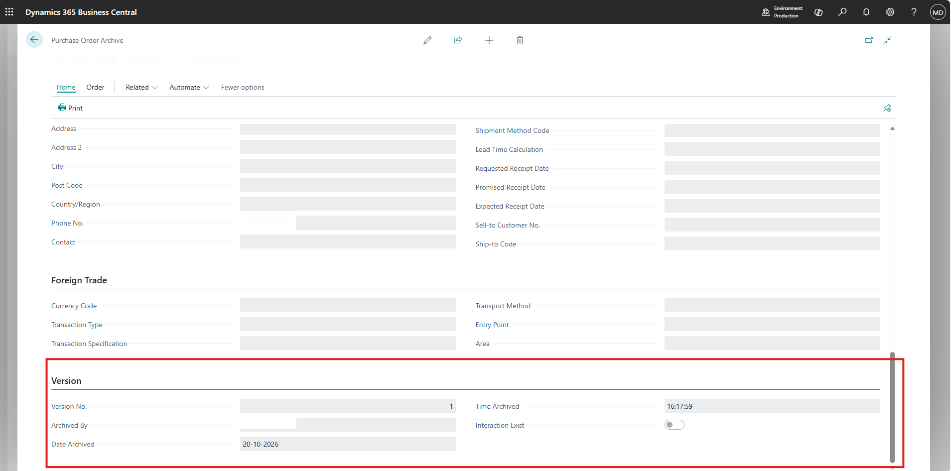 Archived purchase order showing Version No., Archived By and Date and Time Archived